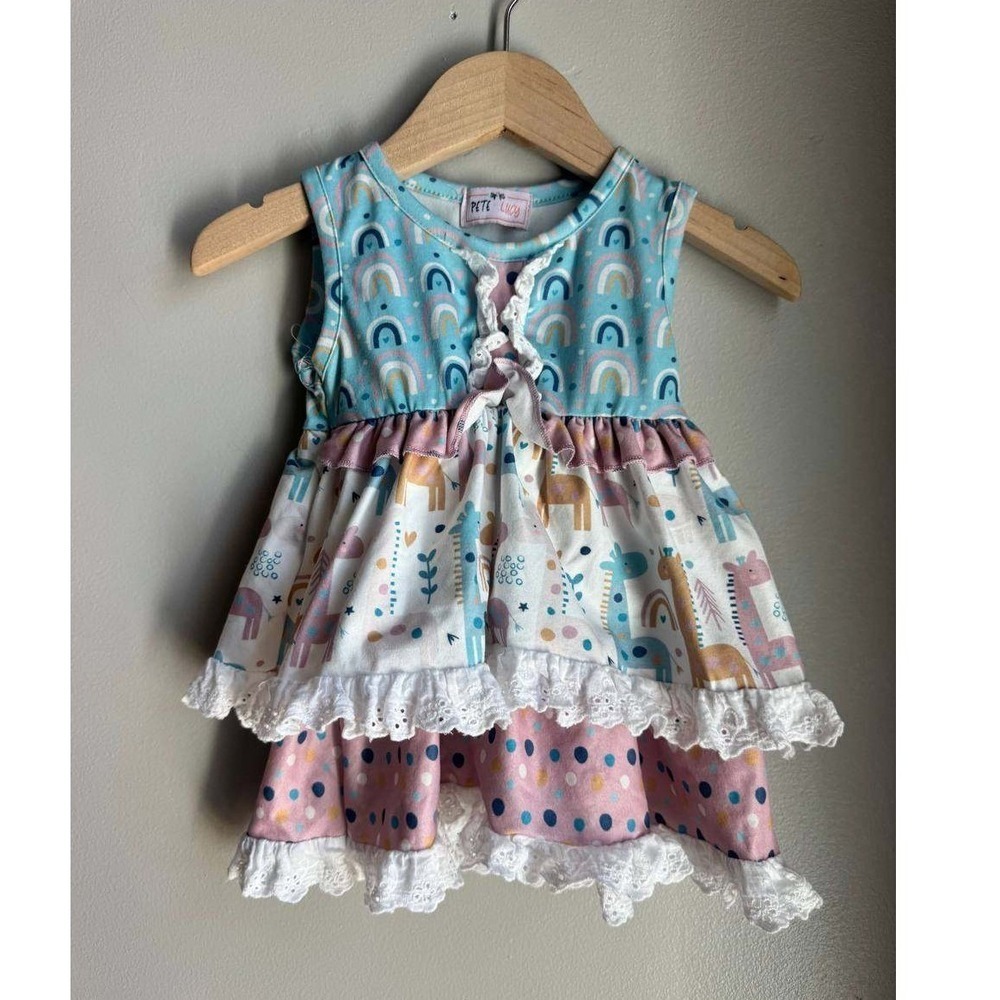 Pete Lucy Rainbow Giraffe Tiered Baby Dress Eyelet Lace 0-6M Scandi Baby Ballet